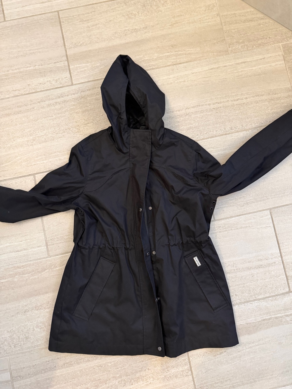 Hunter Black Hooded Raincoat with Waist Drawstring